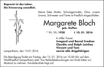 Traueranzeige von Margarete Bloch von  Bürstädter Zeitung