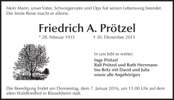 Traueranzeige von Friedrich A. Prötzel von  Mainspitze