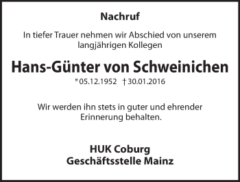 Traueranzeige von Hans-Günter von Schweinichen von  Allgemeine  Zeitung Ingelheim-Bingen