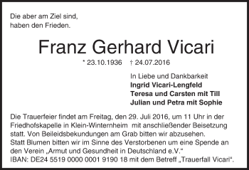 Traueranzeige von Franz Gerhard Vicari von Trauerportal Rhein Main Presse