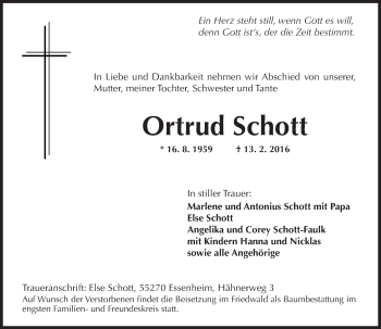 Traueranzeige von Ortrud Schott von  Allgemeine Zeitung Mainz