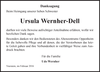 Traueranzeige von Ursula Wernher-Dell von  Landskrone