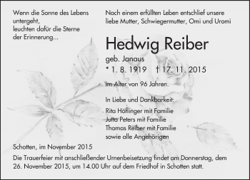 Traueranzeige von Hedwig Reiber von  Sonntags Anzeiger