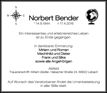 Traueranzeige von Norbert Bender von VRM Trauer