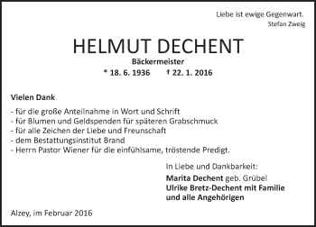 Traueranzeige von Helmut Dechent von  Allgemeine Zeitung Alzey