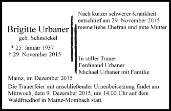 Traueranzeige von Brigitte Urbaner von  Allgemeine Zeitung Mainz