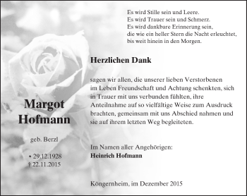Traueranzeige von Margot Hofmann von  Landskrone
