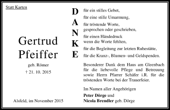 Traueranzeige von Gertrud Pfeiffer von  OK Oberhessen Kurier