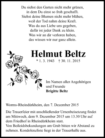 Traueranzeige von Helmut Beltz von  Wiesbaden komplett