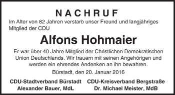 Traueranzeige von Alfons Hohmaier von trauer.echo-online.de