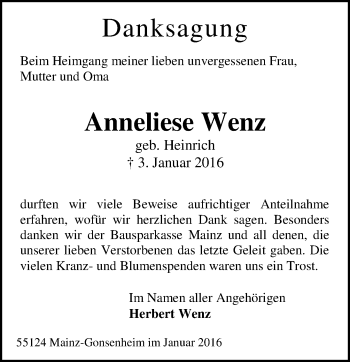 Traueranzeige von Anneliese Wenz von  Allgemeine Zeitung Mainz