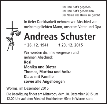 Traueranzeige von Andreas Schuster von  Wormser Zeitung