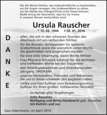 Traueranzeige von Ursula Rauscher von  Allgemeine Zeitung Alzey
