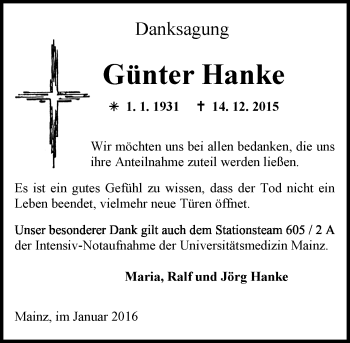 Traueranzeige von Günter Hanke von  Allgemeine Zeitung Mainz