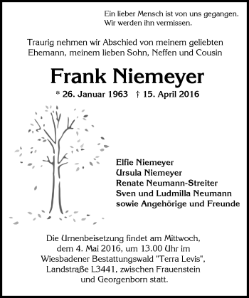 Traueranzeige von Frank Niemeyer von  Wiesbaden komplett