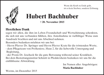 Traueranzeige von Hubert Bachhuber von  Wormser Zeitung