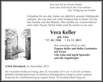 Traueranzeige von Vera Keller von  Allg. Zeitung Bad Kreuznach