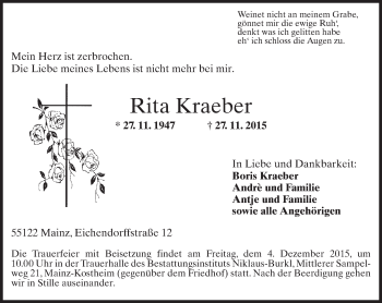 Traueranzeige von Rita Kraeber von  Allgemeine Zeitung Mainz
