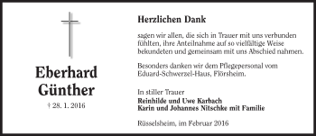 Traueranzeige von Eberhard Günther von  Mainspitze