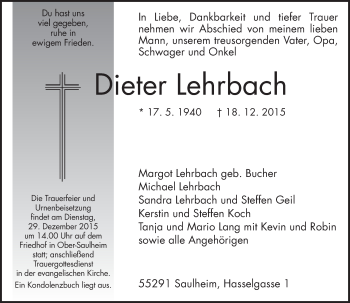 Traueranzeige von Dieter Lehrbach von  Allgemeine Zeitung Alzey