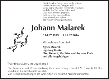 Traueranzeige von Johann Malarek von  Allgemeine  Zeitung Ingelheim-Bingen