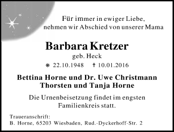 Traueranzeige von Barbara Kretzer von  Wiesbaden komplett