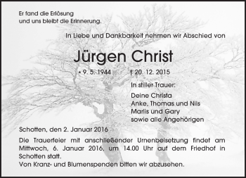 Traueranzeige von Jürgen Christ von  Kreisanzeiger
