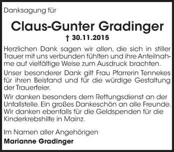 Traueranzeige von Claus-Gunter Gradinger von  Wormser Zeitung