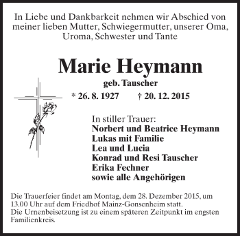 Traueranzeige von Marie Heymann von  Allgemeine Zeitung Mainz
