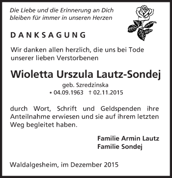 Traueranzeige von Wioletta Urszula Lautz-Sondej von  Allgemeine  Zeitung Ingelheim-Bingen