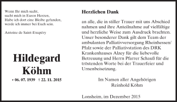 Traueranzeige von Hildegard Köhm von  Allgemeine Zeitung Alzey