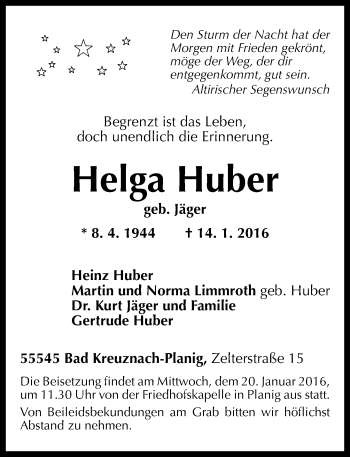 Traueranzeige von Helga Huber von  Allg. Zeitung Bad Kreuznach