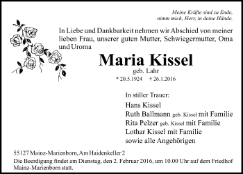 Traueranzeige von Maria Kissel von  Allgemeine Zeitung Mainz