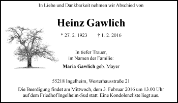 Traueranzeige von Heinz Gawlich von  Allgemeine  Zeitung Ingelheim-Bingen
