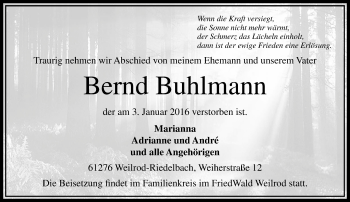 Traueranzeige von Bernd Buhlmann von  Usinger Anzeiger