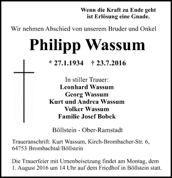 Traueranzeige von Philipp Wassum von Trauerportal Echo Online