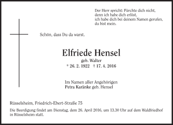 Traueranzeige von Elfriede Hensel von trauer.echo-online.de