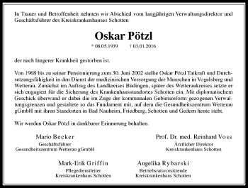 Traueranzeige von Oskar Pötzl von  Kreisanzeiger
