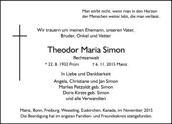 Traueranzeige von Theodor Maria Simon von  Allgemeine Zeitung Mainz