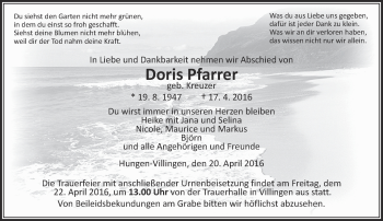Traueranzeige von Doris Pfarrer von  Gießener Anzeiger