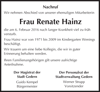 Traueranzeige von Renate Hainz von  Kreisanzeiger