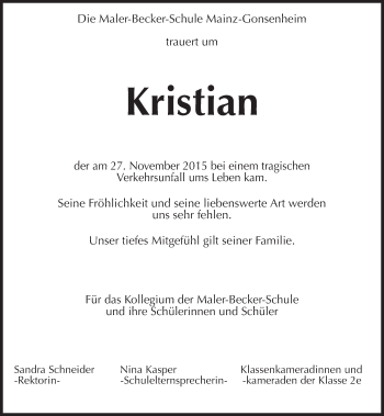 Traueranzeige von Kristian  von  Allgemeine Zeitung Mainz