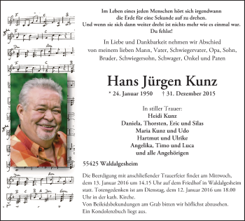 Traueranzeige von Hans Jürgen Kunz von  Allgemeine  Zeitung Ingelheim-Bingen