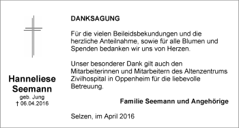 Traueranzeige von Hanneliese Seemann von  Allgemeine Zeitung Mainz