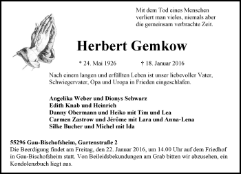 Traueranzeige von Herbert Gemkow von  Allgemeine Zeitung Mainz