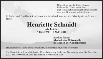 Traueranzeige von Henriette Schmidt von  Wiesbaden komplett