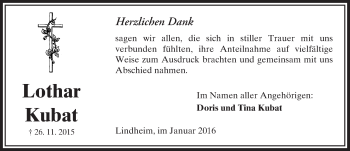 Traueranzeige von Lothar Kubat von  Sonntags Anzeiger