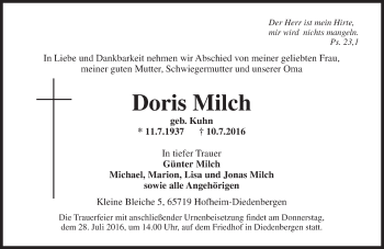 Traueranzeige von Doris Milch von Trauerportal Rhein Main Presse