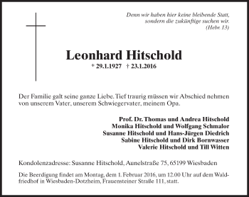 Traueranzeige von Leonhard Hitschold von  Wiesbaden komplett