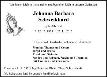 Traueranzeige von Johanna Barbara Schweikhard von  Allgemeine  Zeitung Ingelheim-Bingen